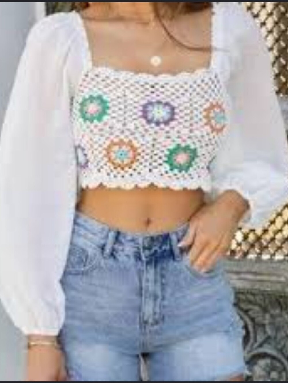 NWT Chrysanthemum White Boho Crochet Bodice Bishop Sleeve Crop Top Size M